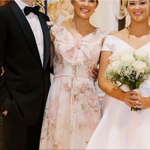 Marchesa Notte Watercolor Floral Print Ruffle Neck Chiffon Gown- Size 6